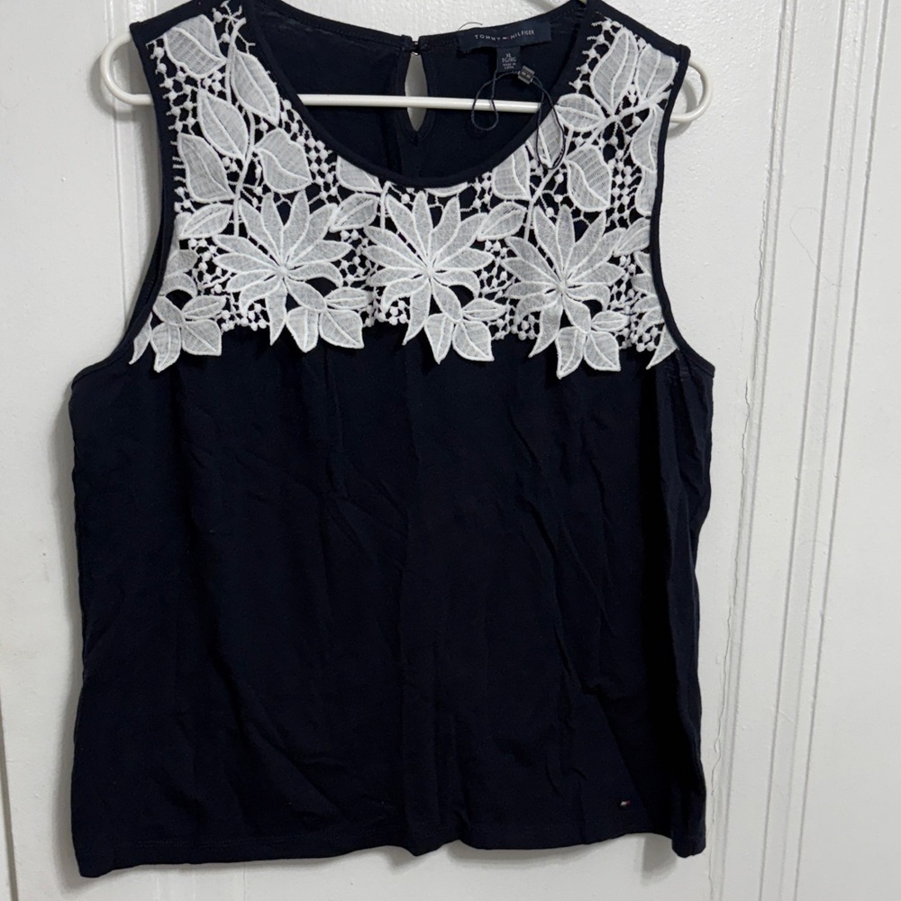 Tommy Hilfiger Black Sleeveless Top with White Floral Lace